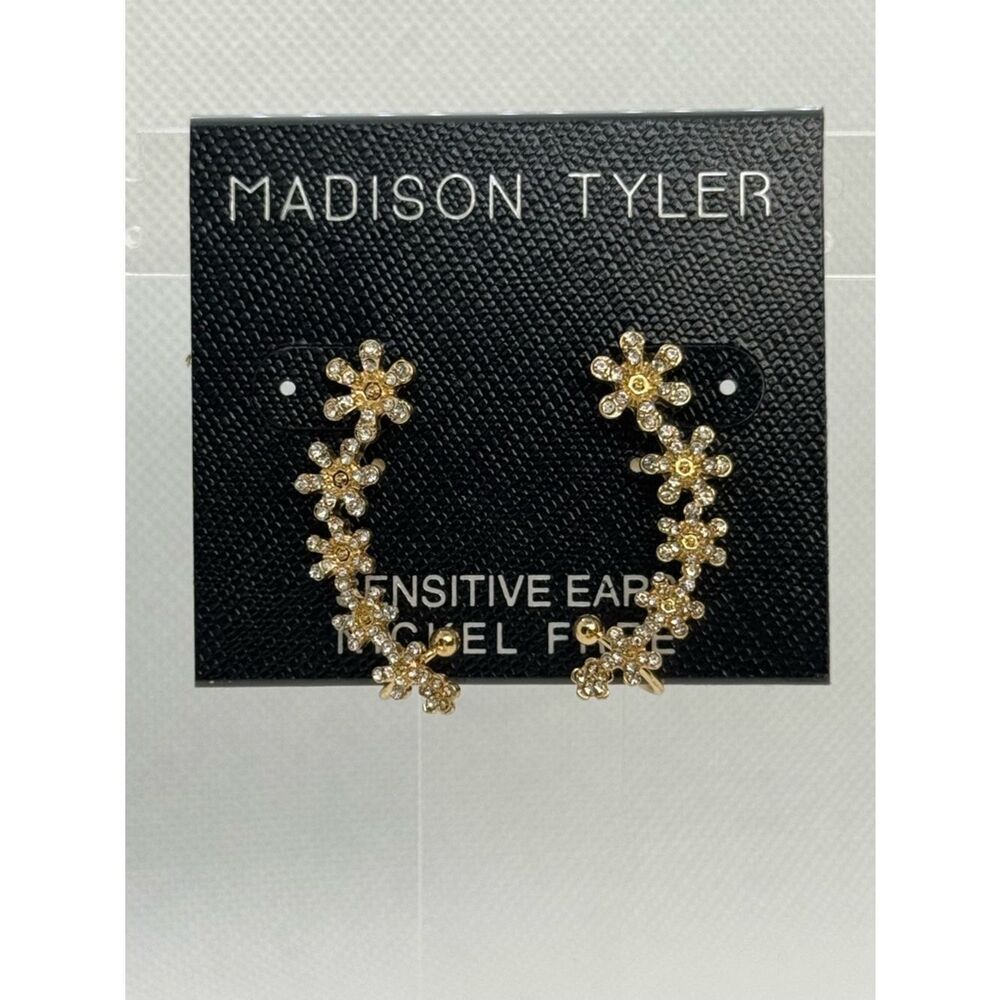 Madison Gold Floral Ear Climbers with Crystal Accents